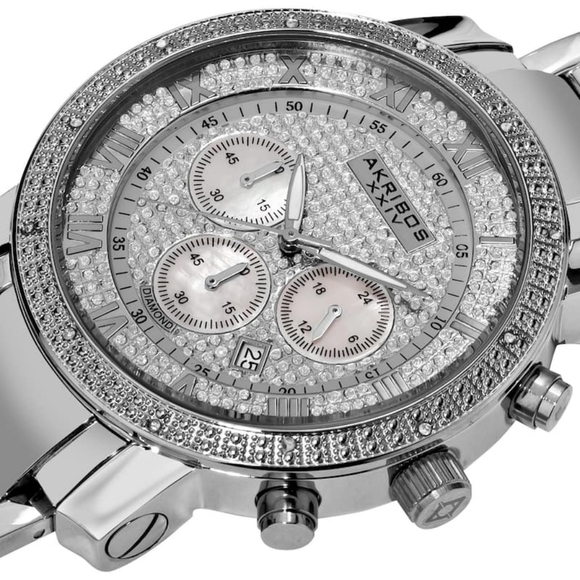 Akribos XXIV Silver and Black Chronograph Watch 2ct Genuine Diamonds - Picture 8 of 11